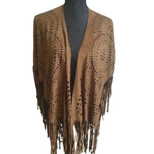 Fringe Vegan Suede Vest Cover Up Brown Cut Out Hippe Bohemian TOP